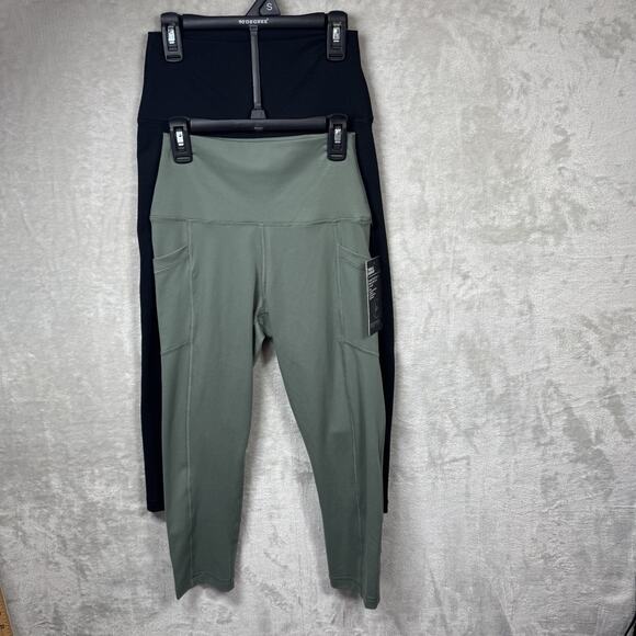 90 Degree By Reflex NEW Crop Tight Leggings Women S Green Black Pocket 2 PC Set - Picture 1 of 9